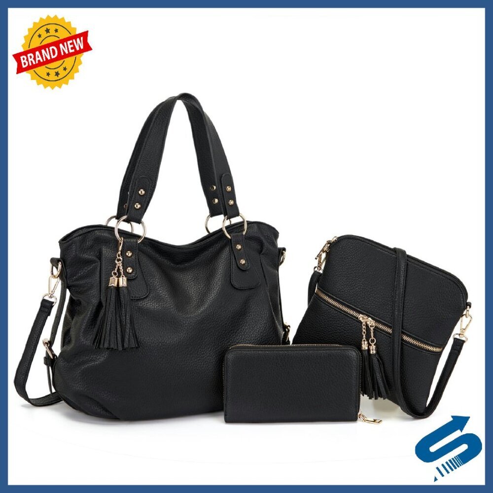 Large Hobo Shoulder Bag Set with Wallet & Crossbody, PU Leather, 3-Piece